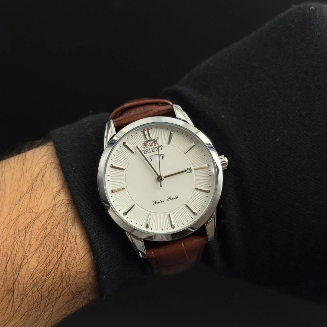 Reloj Cuero Café con Esfera Blanca DayDate | Estilo Luxury Clásico Elegante