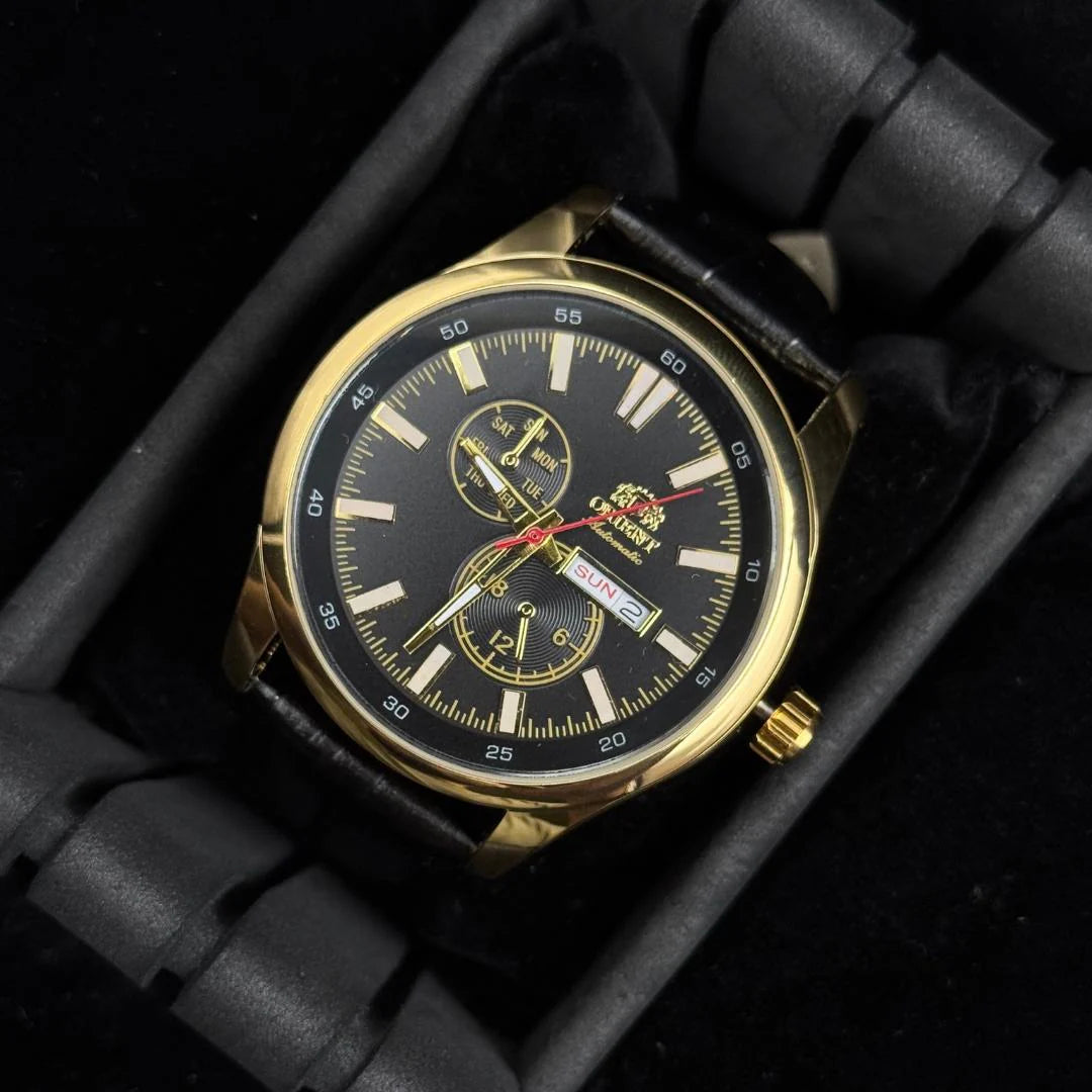 Reloj Cronógrafo Negro Dorado con Cuero Negro | Estilo Luxury Deportivo Premium